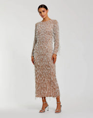 Beige Long Sleeve Midi Dress With Embellished Fringe