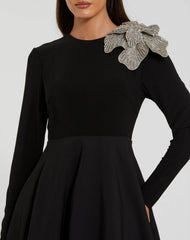 Black Long Sleeve Taffeta Ball Gown With 3D Rhinestone Flower