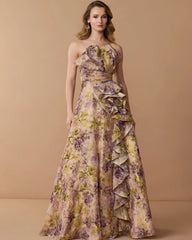 Pink Strapless Floral Ball Gown With Ruffle Detail
