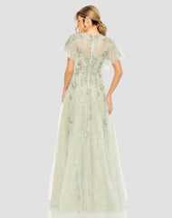 Green Embroidered Tulle Flutter Sleeve A-line Gown