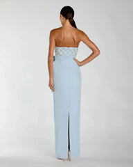 Blue Strapless Embellished Crepe Gown With Bow