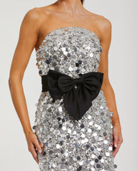 Silver Strapless Paillette Column Midi Dress With Bow