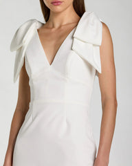 White Sleeveless Crepe Midi Dress with Bow Straps
