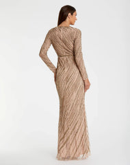 Beige Long Sleeve Beaded Column Gown - FINAL SALE