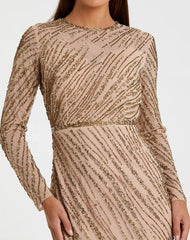 Beige Long Sleeve Beaded Column Gown - FINAL SALE