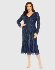 Navy Long Sleeve Embellished Dress (Plus) - FINAL SALE