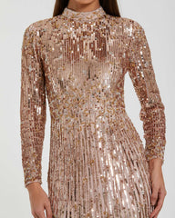 Pink Long Sleeve Fringe Embellished Column Gown