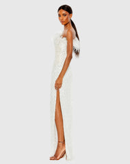 White Embellished One Shoulder Gown w/ Ostrich Feathers - FINAL SALE