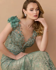 Green Embellished Lace Illusion Neck Gown With 3D Flowers