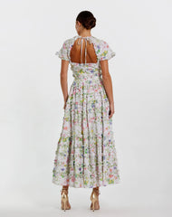 White Floral Ruffle Cotton Midi Dress
