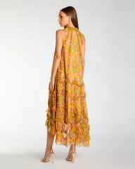 Yellow Sleeveless Floral Micro Ruffle Trapeze Midi Dress