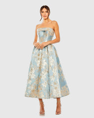Petite Light Blue Strapless Brocade Midi Dress With Pockets