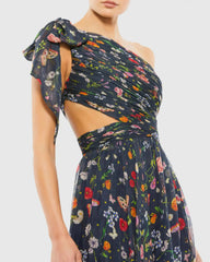 Petite Navy Tied One Shoulder Cut-Out Flowy Gown