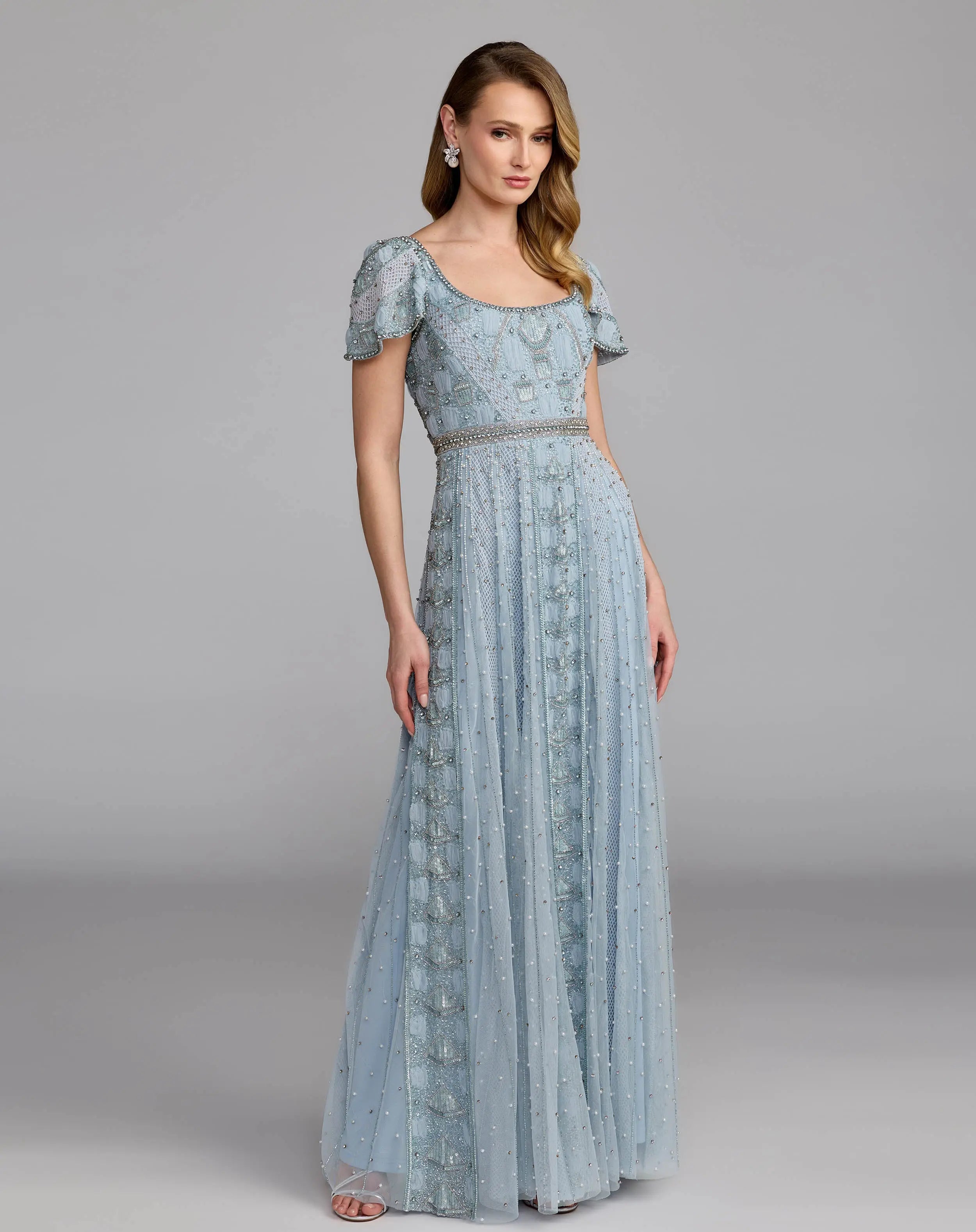 Blue Short Sleeve Scoop Neck Embellished Gown