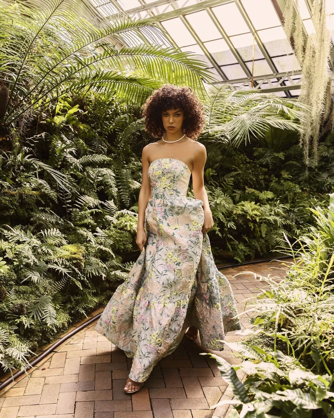 Multicolor Strapless Floral Brocade A-Line Gown
