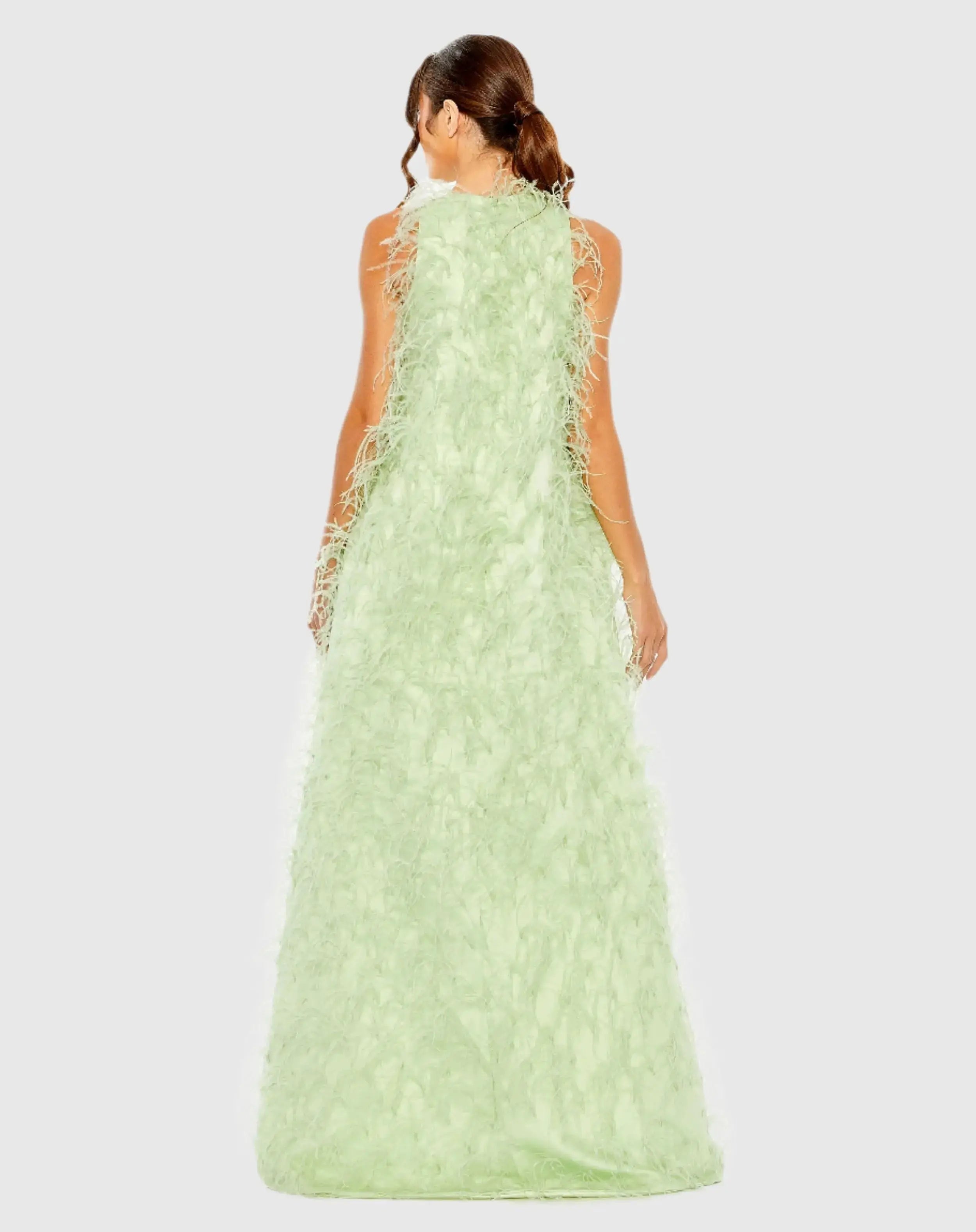 Green Sleeveless Feather Embellished High Low Gown