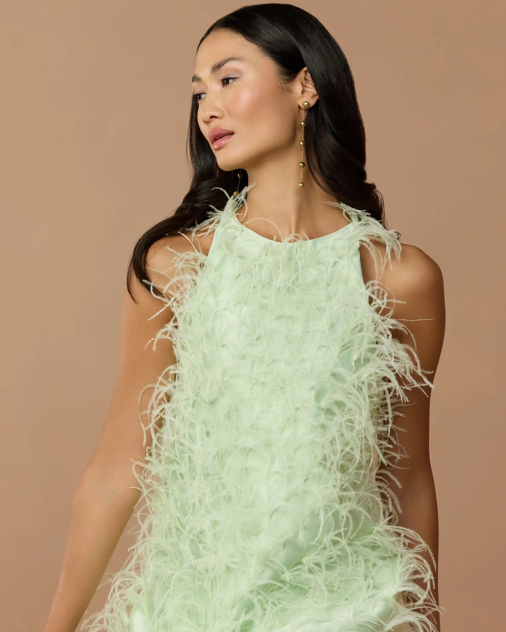 Green Sleeveless Feather Embellished High Low Gown