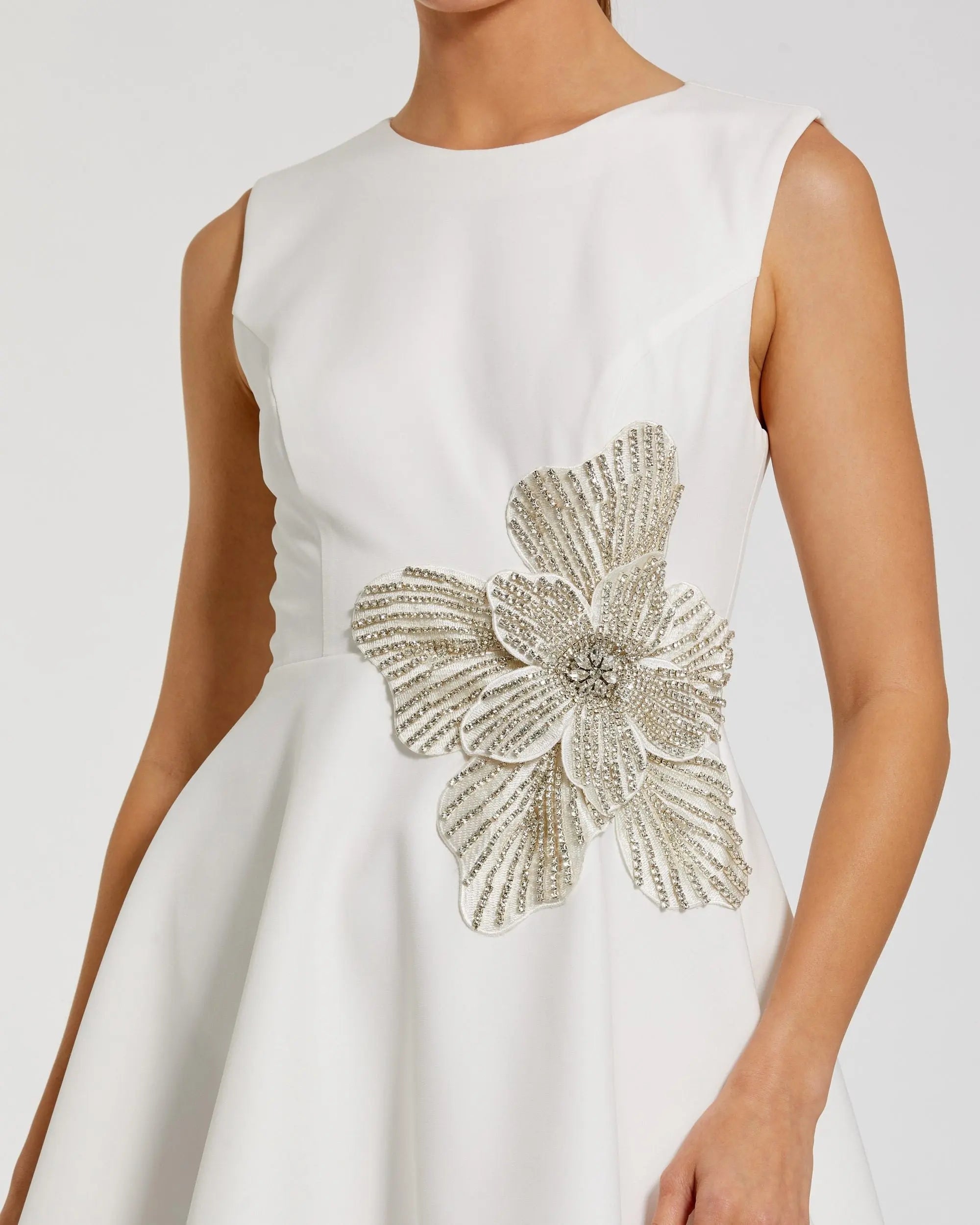 White Sleeveless Crepe Mini Dress With Rhinestone Flower