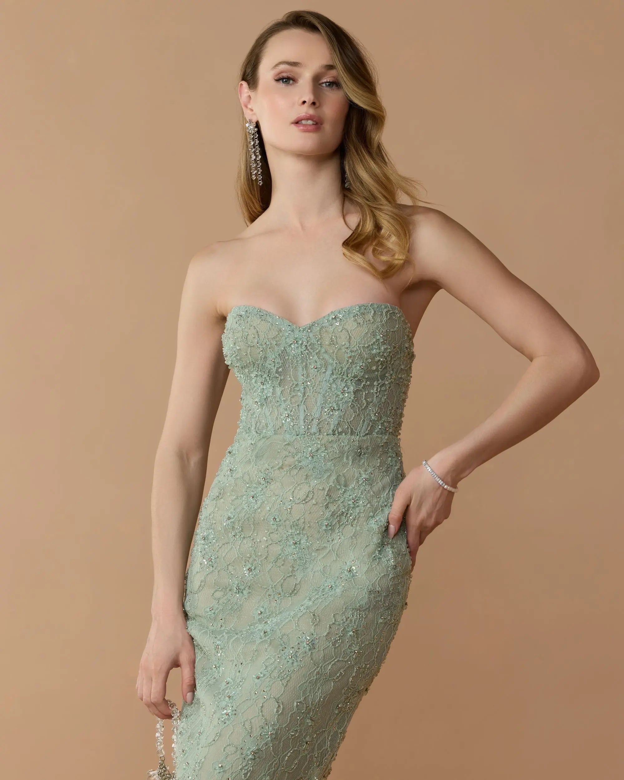 Green Embellished Strapless Bustier Gown With Sweeping Train