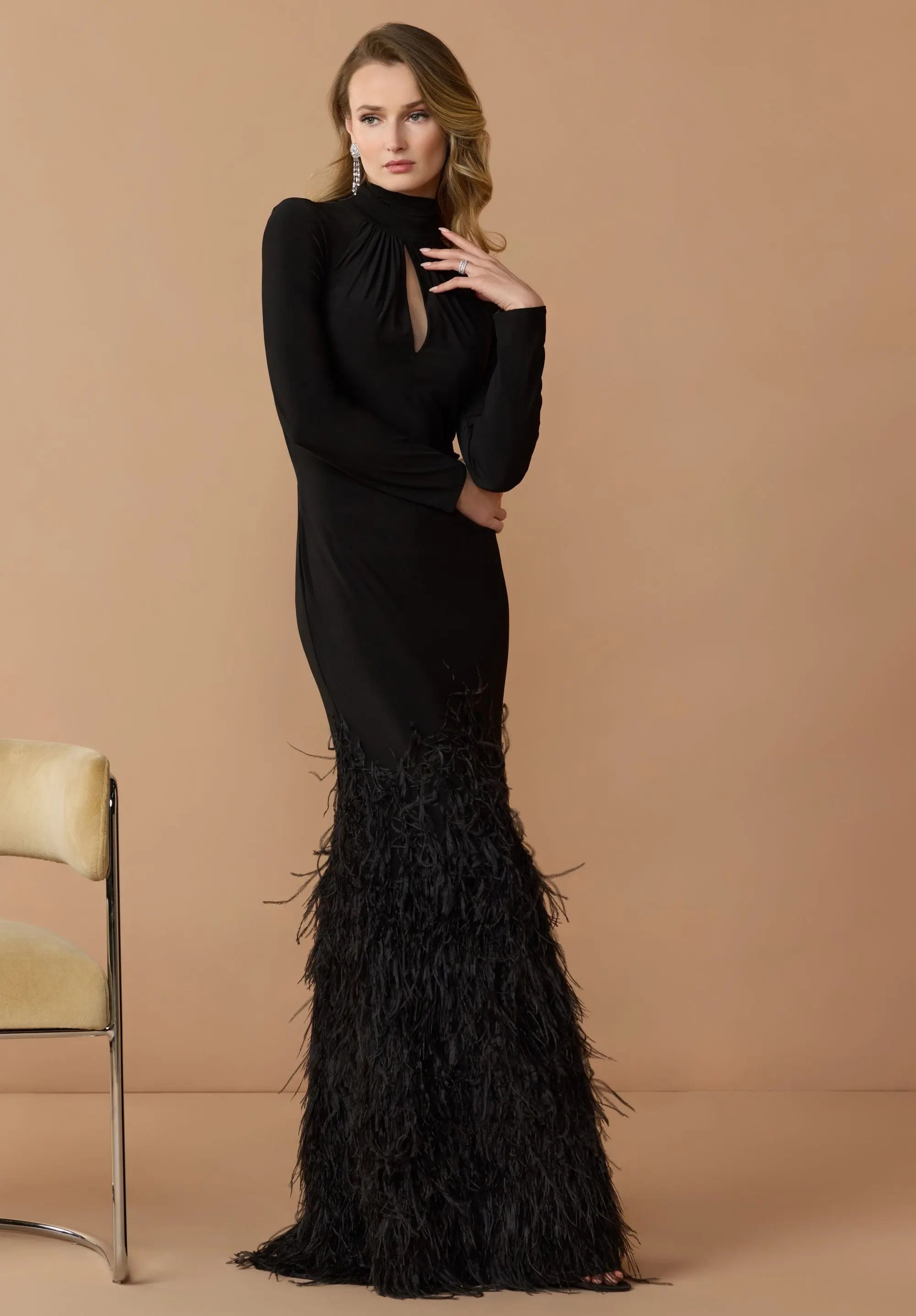 Black Long Sleeve High Neck Feather Trim Gown