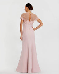 Pink Crepe Mermaid Gown With Beaded Illusion Neck