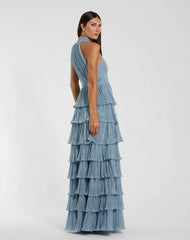 Blue Metallic Halter Neck Ruffle Gown With 3D Flower