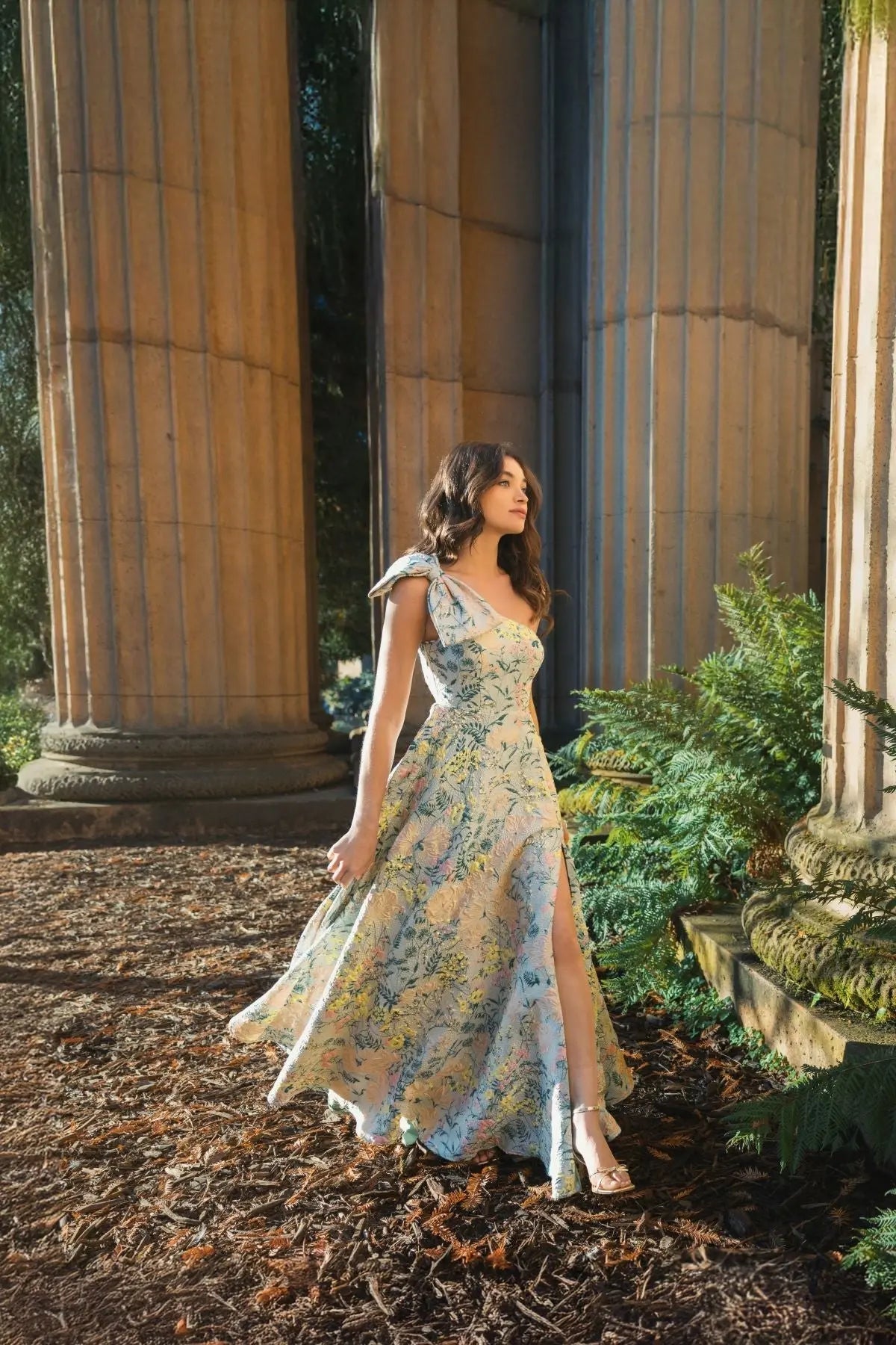 Multicolor One Shoulder Brocade Floral Gown With Bow