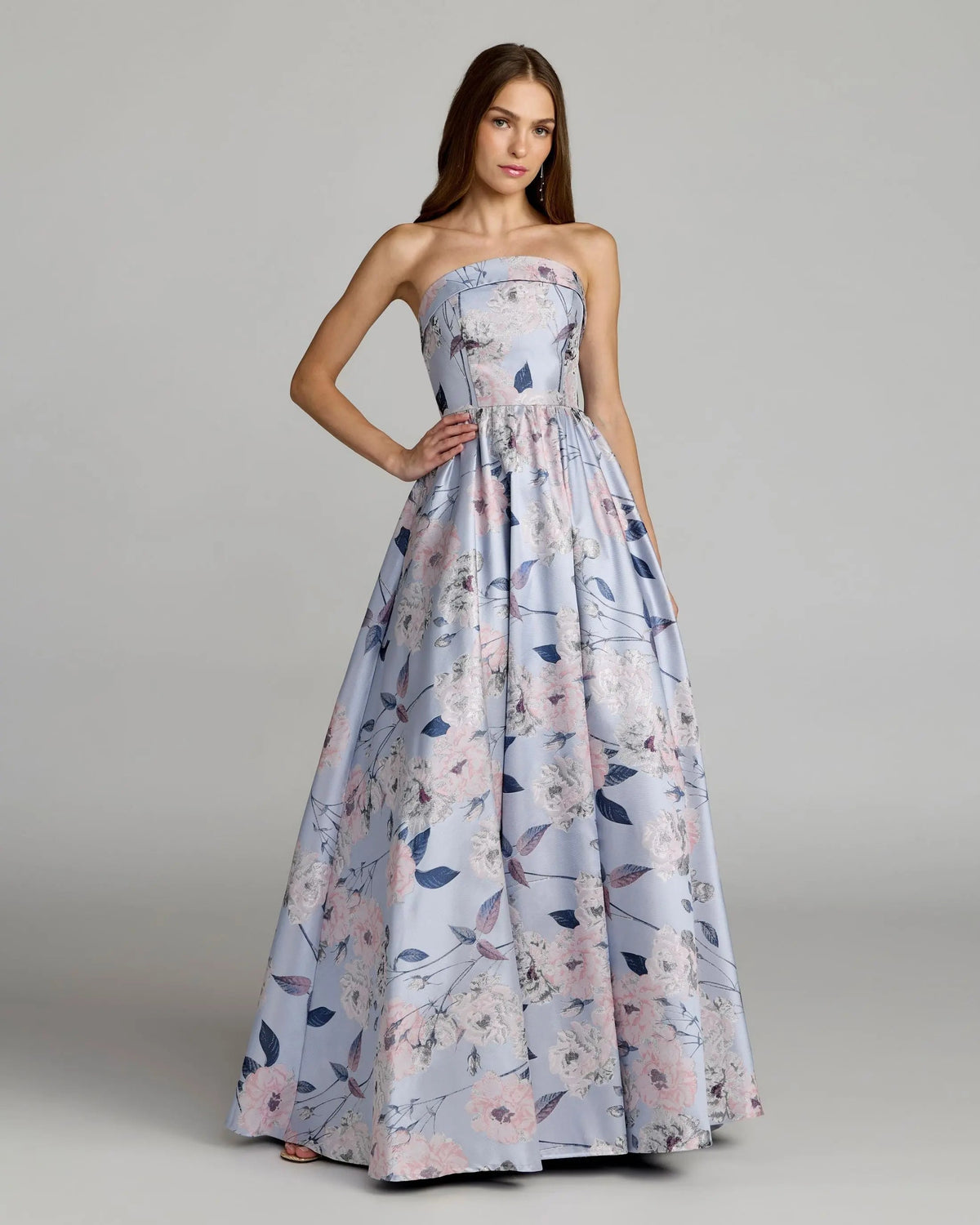 Blue Floral Brocade Strapless Ball Gown