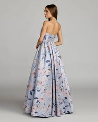 Blue Floral Brocade Strapless Ball Gown