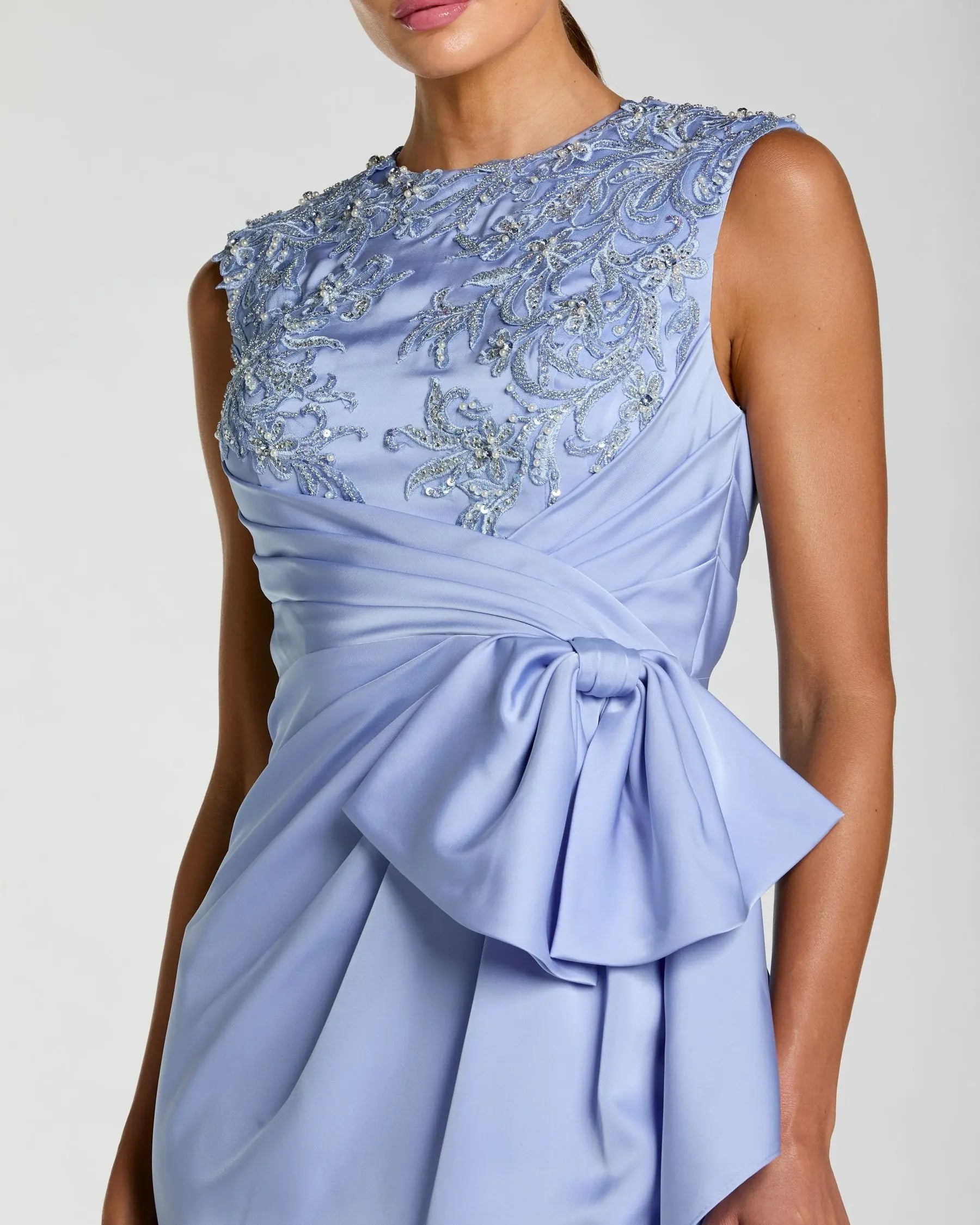 Blue Satin Beaded Embroidered Midi Dress With Bow