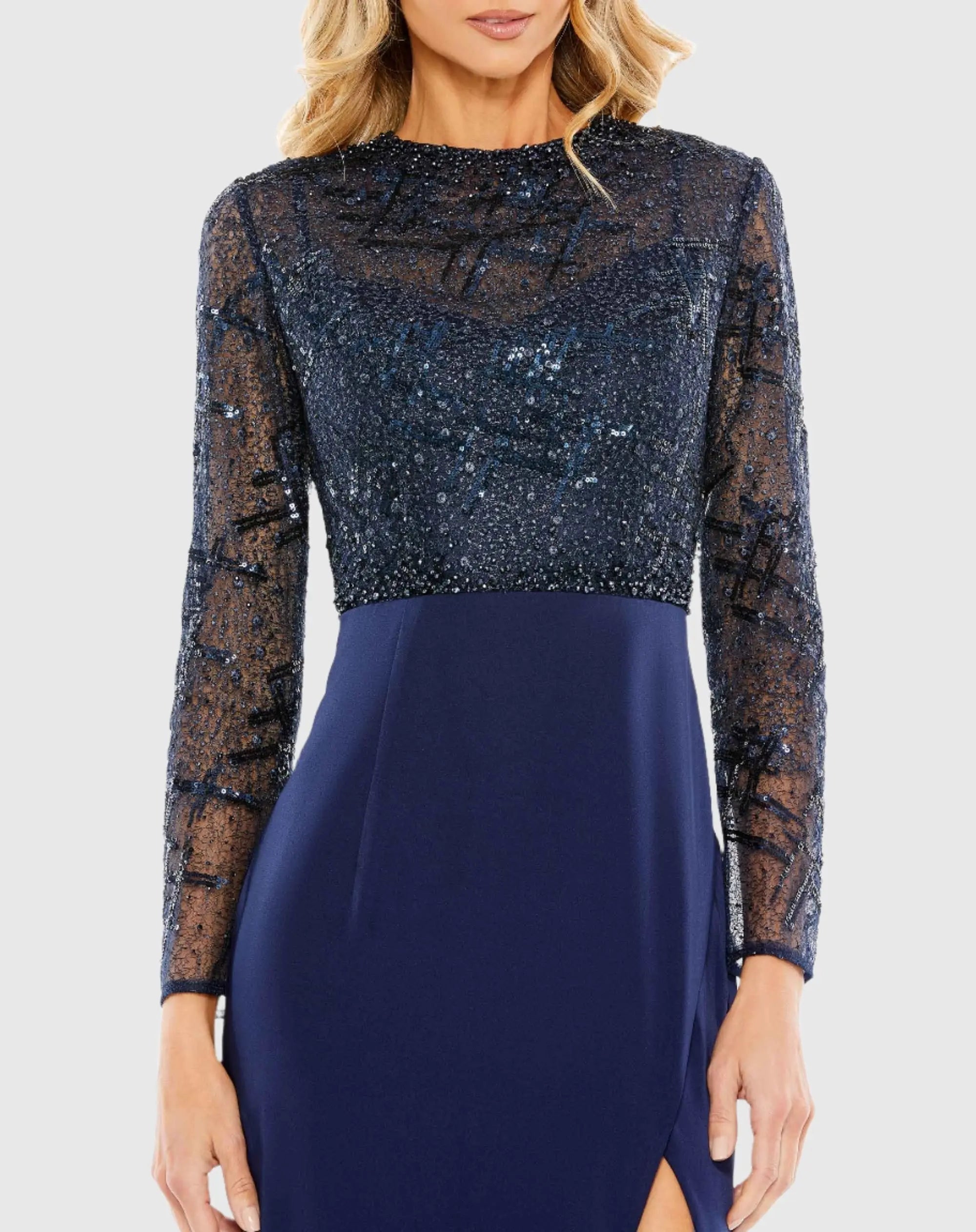 Navy Embellished High Neck Bodice Faux Wrap Gown - FINAL SALE