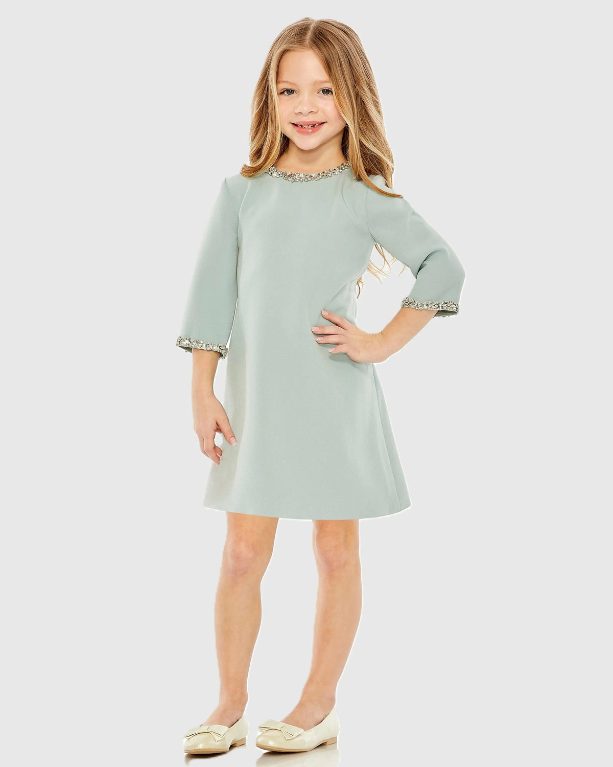 Girls Green Rhinestone Beaded A-Line Mini Dress