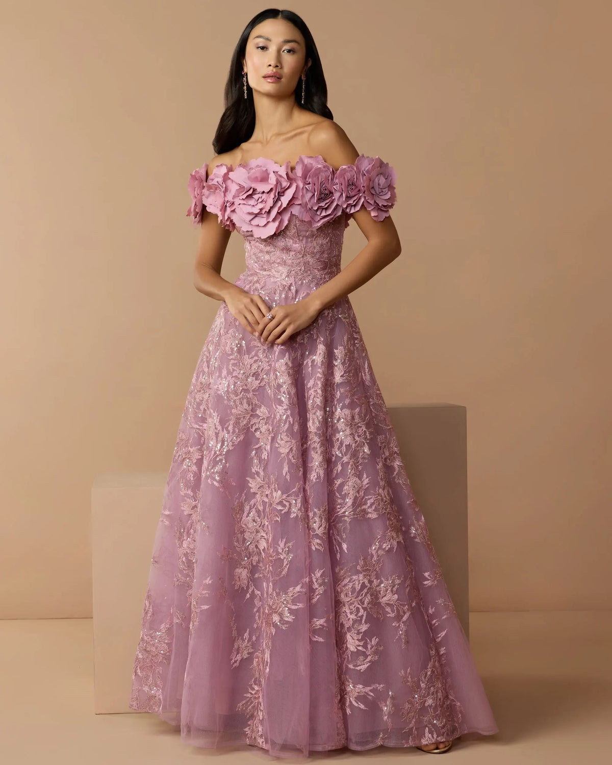 Purple Off The Shoulder 3D Floral Embroidered A-Line Gown