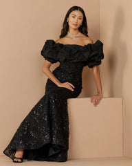 Black Embellished Mermaid Gown With Off The Shoulder Ruffle