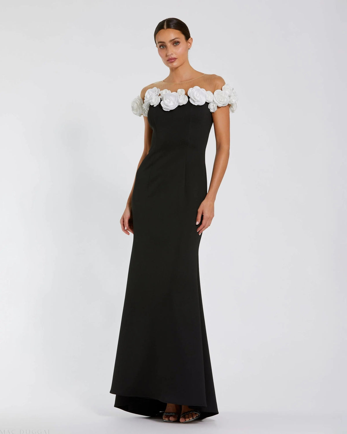 Black Crepe Mermaid Gown With 3D Flowers