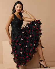 Black Sleeveless Beaded Midi Dress With 3D Flowers