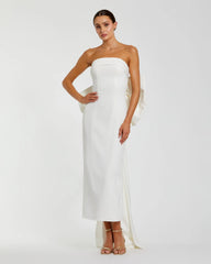 White Strapless Crepe Sheath Dress with Bow