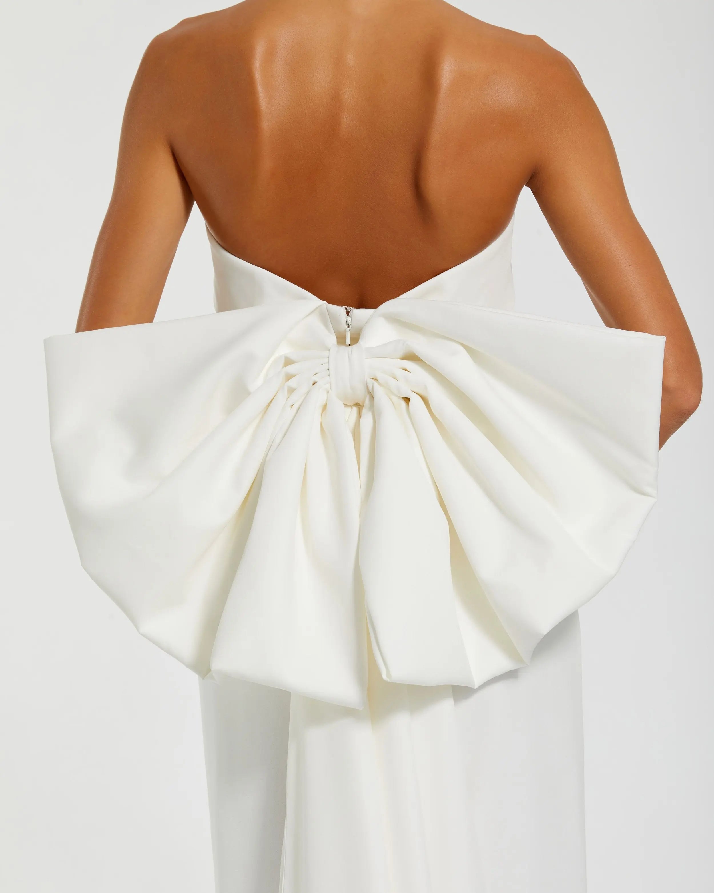 White Strapless Crepe Sheath Dress with Bow