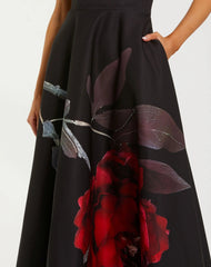 Black Satin Printed Strapless Midi Dress With Pockets