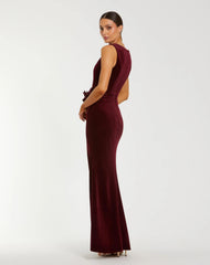 Red High Neck Velvet Column Gown With 3D Flowers