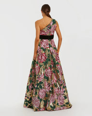 Multicolor One Shoulder Sequin Ball Gown With Velvet Bow
