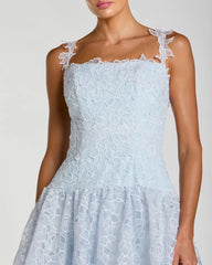 Blue Sleeveless Embroidered Lace Tiered Midi Dress
