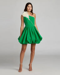Green Bubble Hem Mini Dress With 3D Flower
