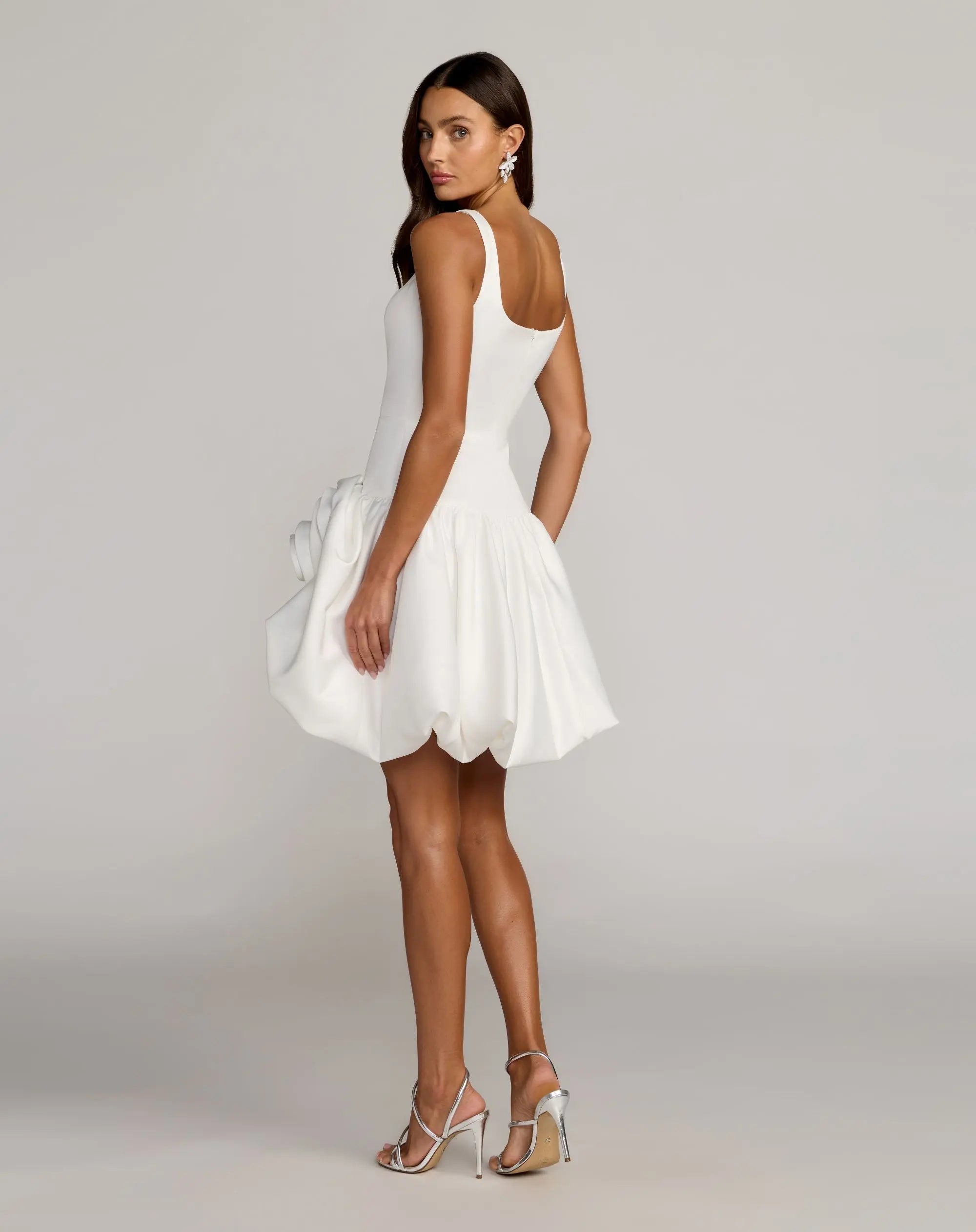White Sleeveless Satin Bubble Hem Mini Dress