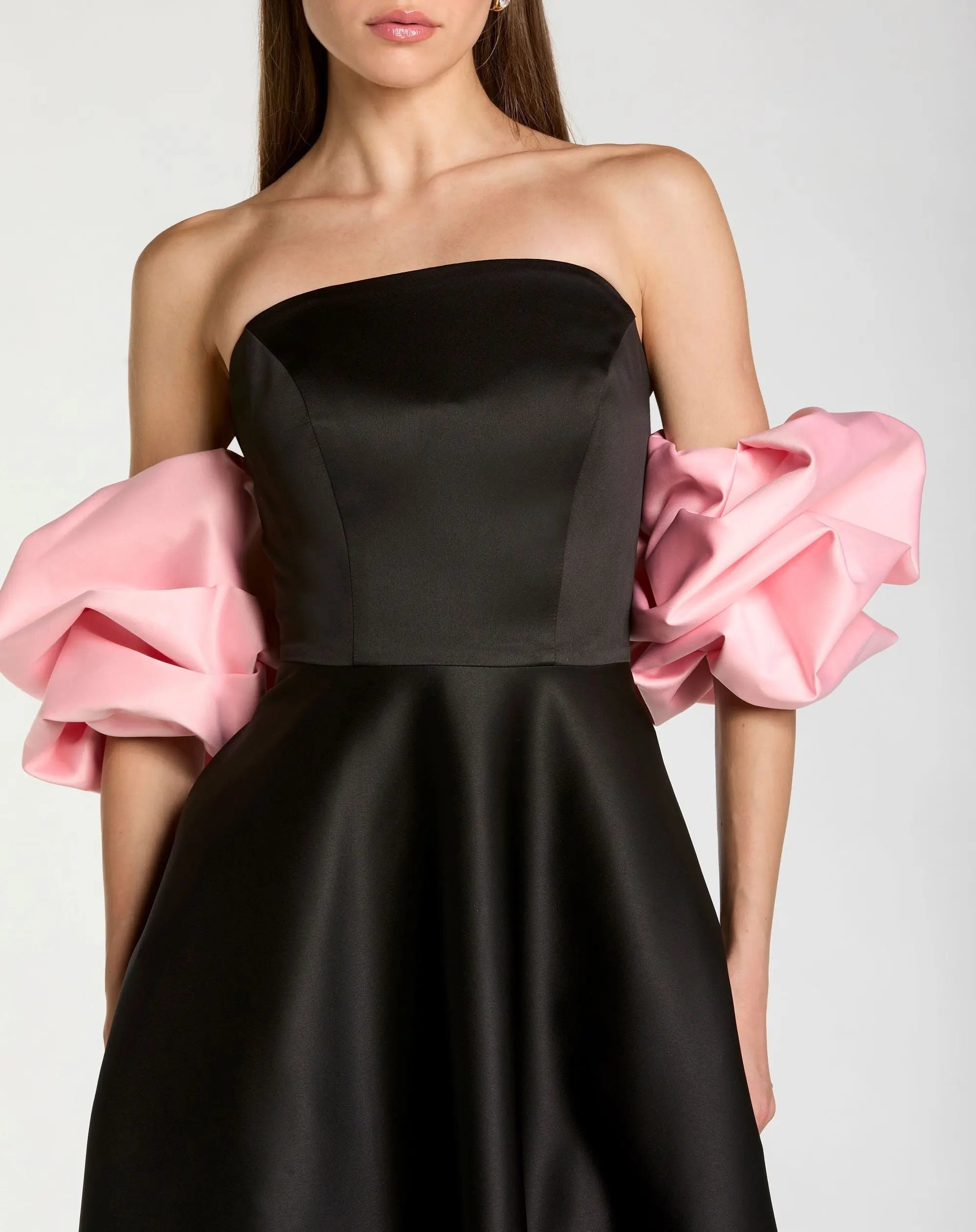 Black Satin Off The Shoulder Puff Sleeve Ball Gown