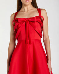 Red Satin Sleeveless A Line Midi Dress With Bow