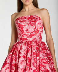 Pink Brocade Strapless Bubble Hem Ball Gown