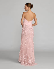 Pink Floral Satin Strapless Sweetheart Gown With Slit