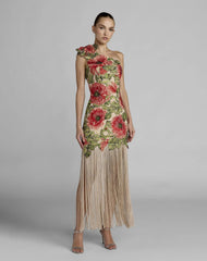 Beige Embroidered One Shoulder Dress With Fringe Hem
