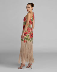 Beige Embroidered One Shoulder Dress With Fringe Hem